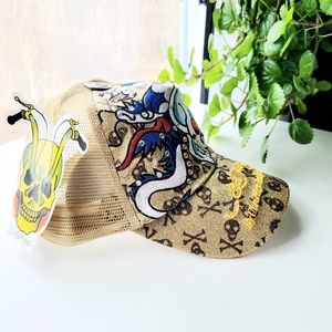 Rare find trucker hat featuring an Ed Hardy Skull w Dragon rhinestone  graphic.